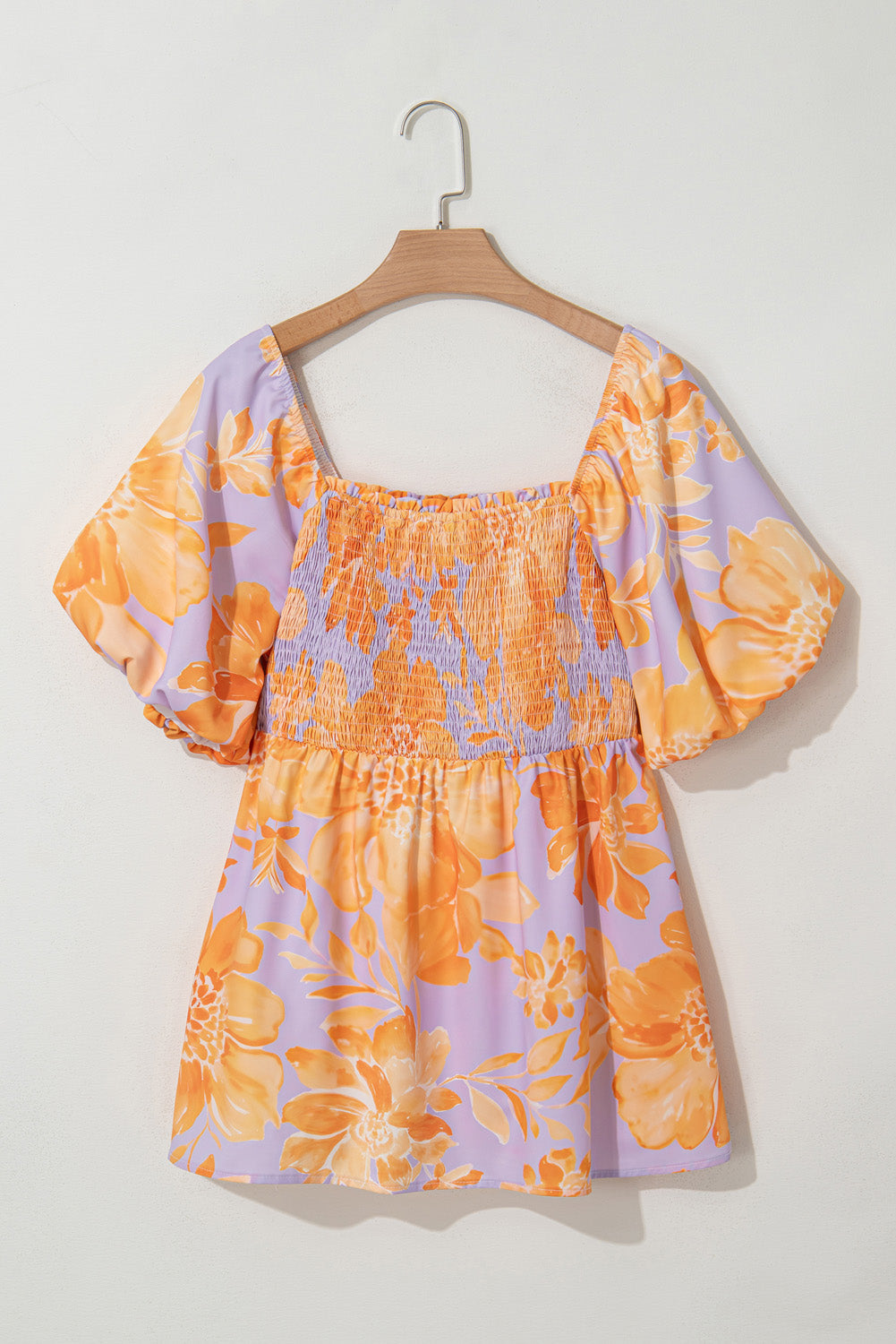 Purple Floral Puff Sleeve Square Neck Smocked Plus Size Babydoll Blouse BB Fashion Outlet
