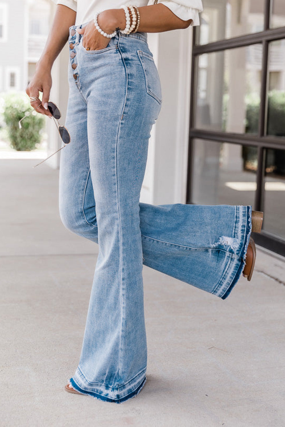 Sky Blue High Waist Buttoned Distressed Flared Jeans Beagle Boutique Fashion Outlet