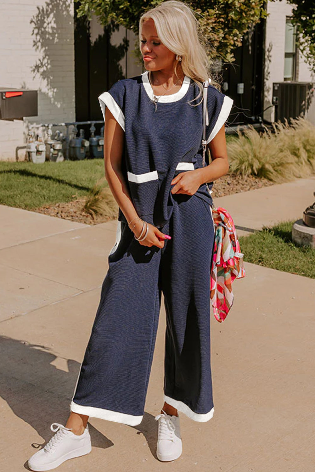 Navy Pocket T Shirt and Wide Leg Trousers Set Co-ord eAura