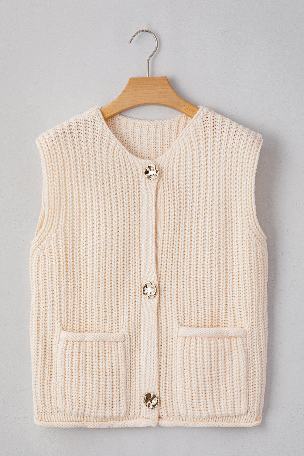 White Solid Textured Knit Side Pockets Buttoned Sweater Vest eAura