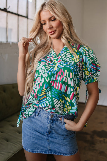 Green Brushwork Geometric Print Puff Sleeve Notched Neck Blouse eAura