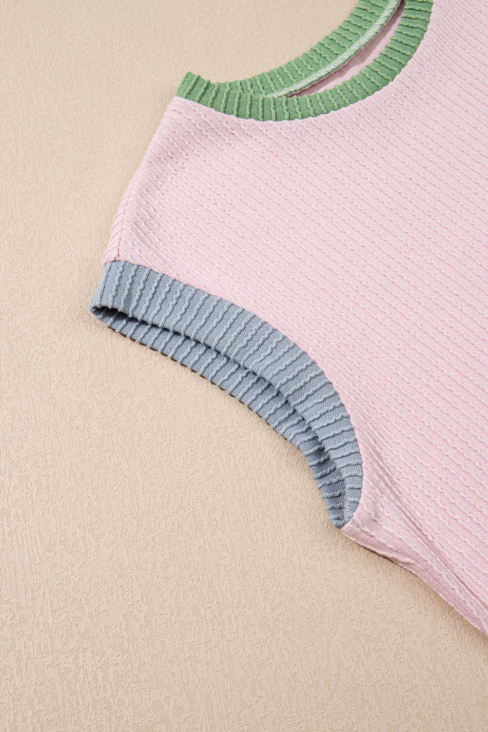 Pink Colour Block Ribbed Knit Crew Neck Tee eAura