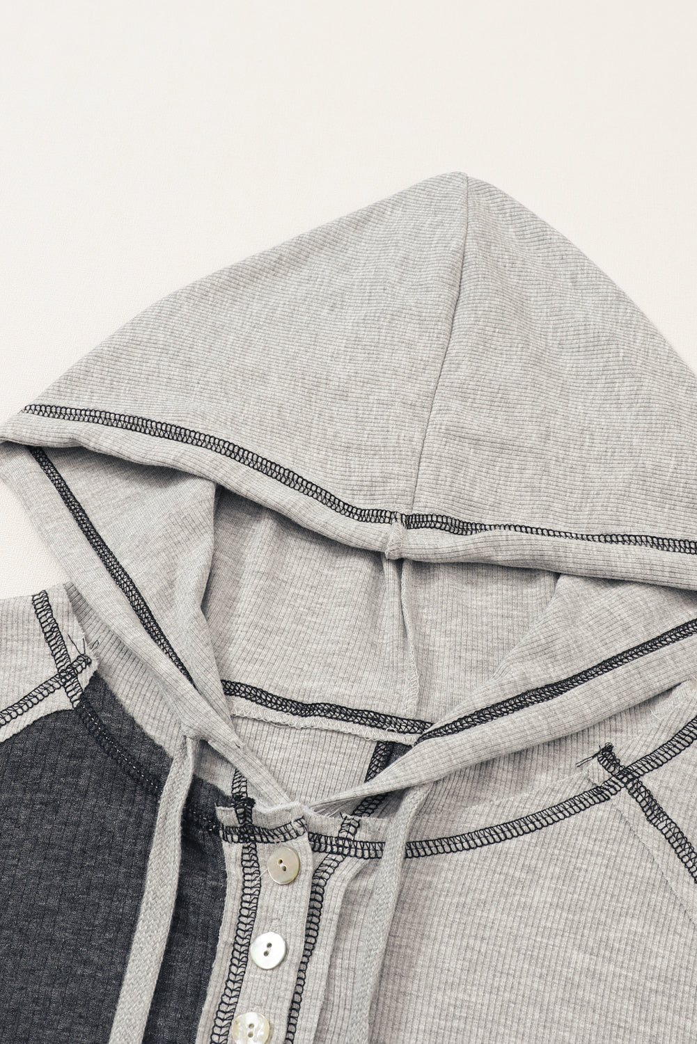 Grey Colourblock Seamed Ribbed Henley Hoodie eAura