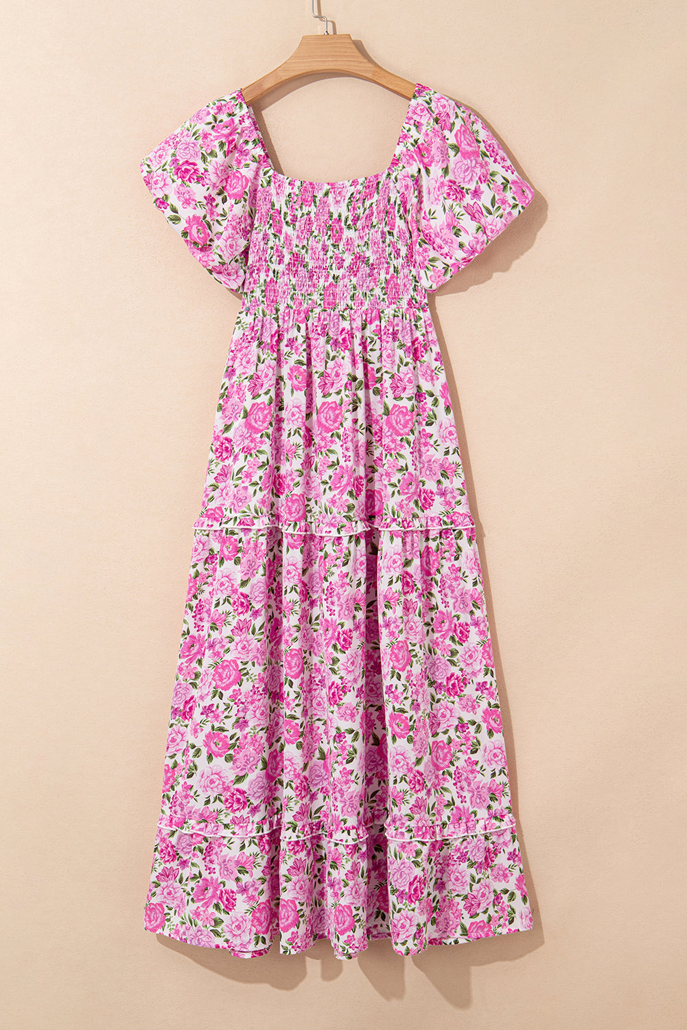 Pink Dainty Floral Smocked Puff Sleeve Flowy Long Dress eAura