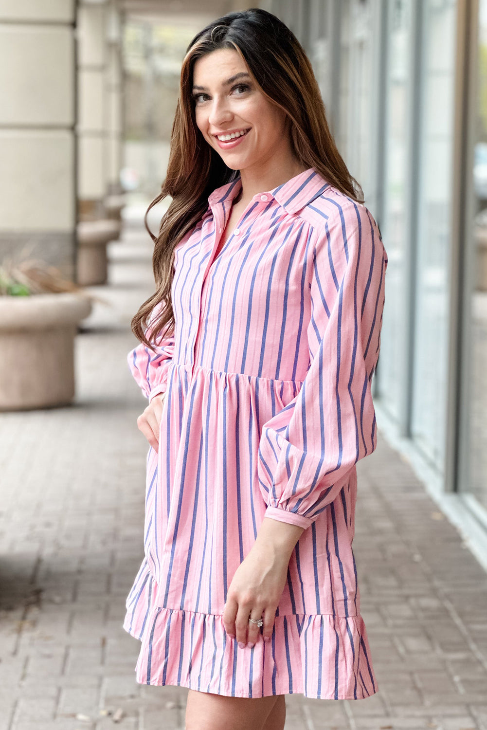 Pink Stripe Ruffled Hem Button-up Collared Shirt Mini Dress Beagle Boutique Fashion Outlet