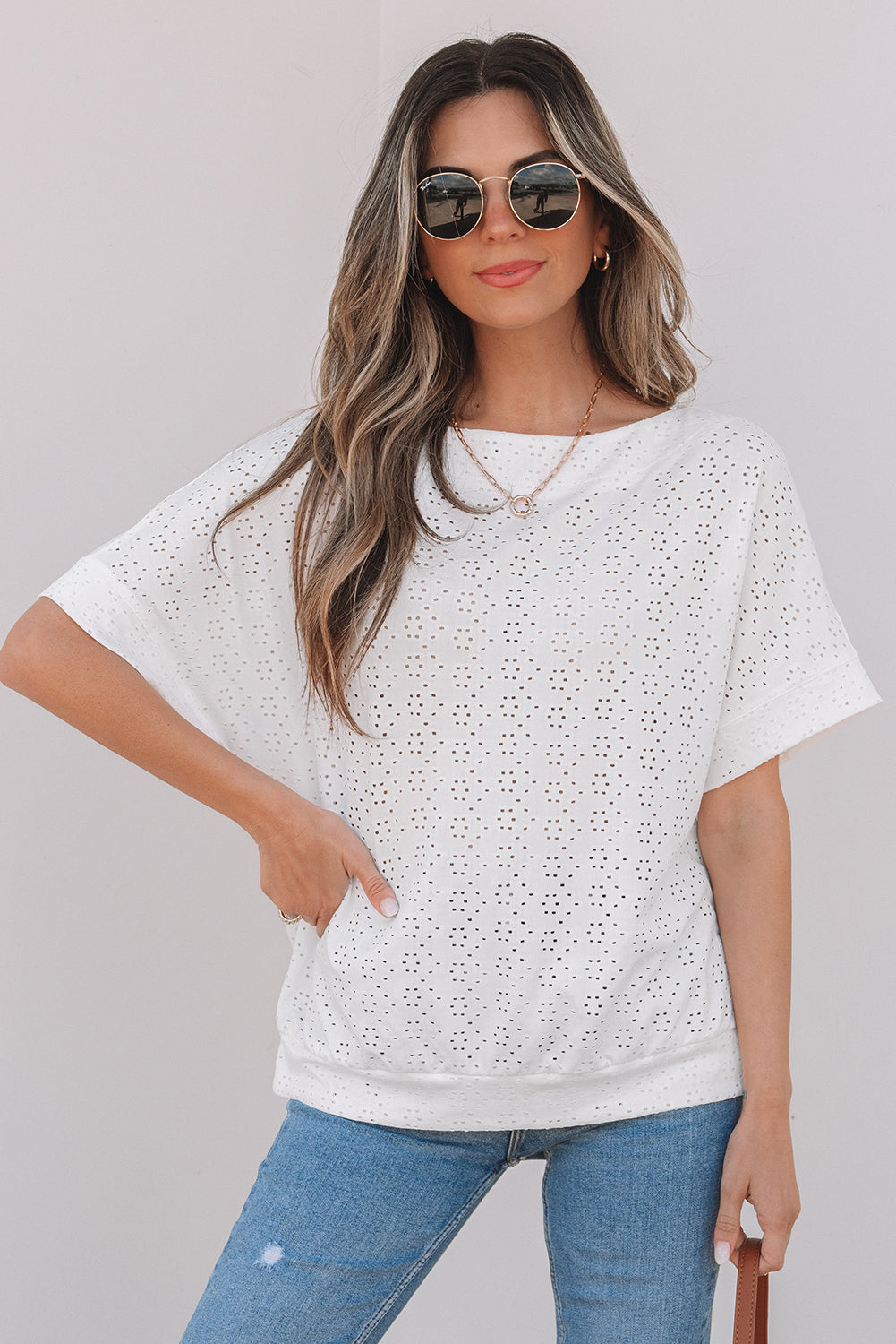 White Eyelet Pattern Boat Neck Casual Tee eAura