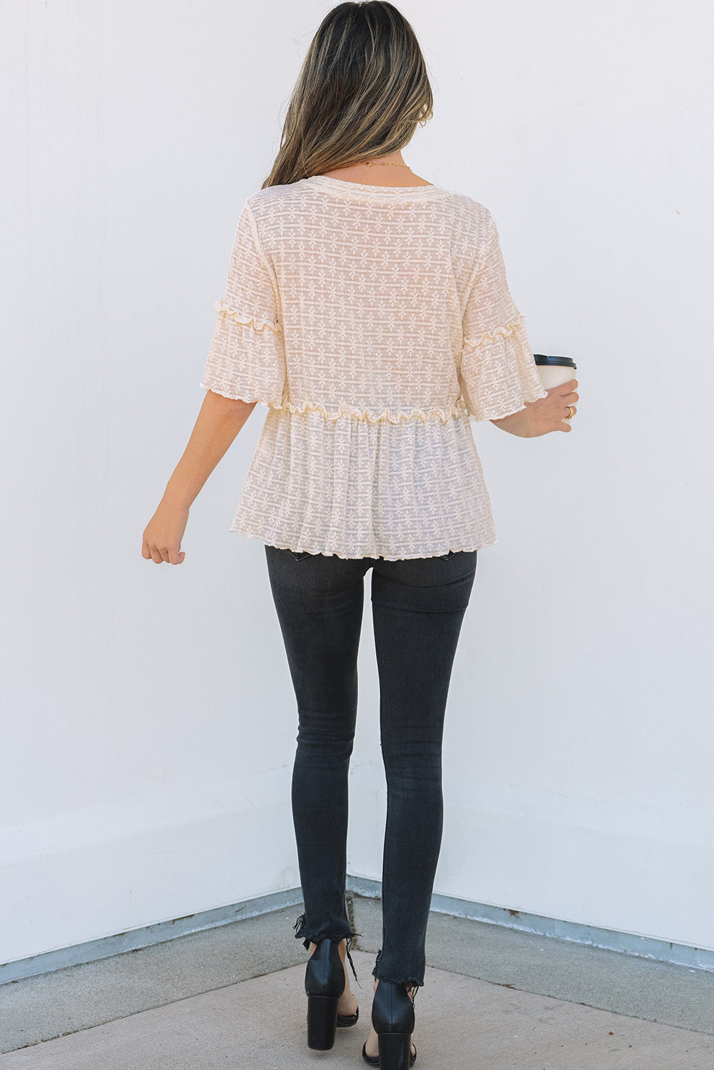 Beige Solid Colour Textured Ruffled Short Sleeve Blouse eAura
