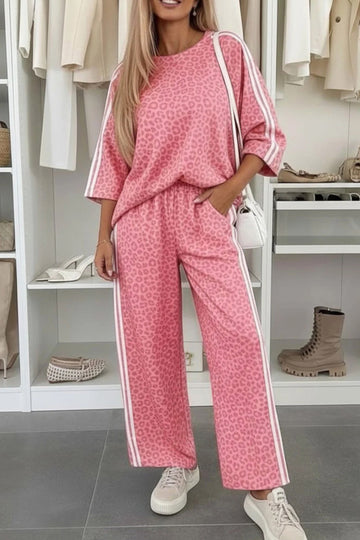 Leopard Print Varsity Striped Detail 3/4 Sleeve Top Shift Pant Set – Pink