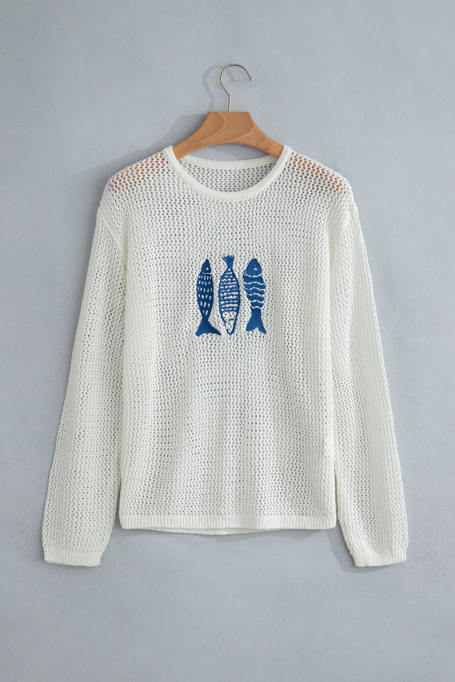 Open Knit Fish Embroidered Casual Sweater – White