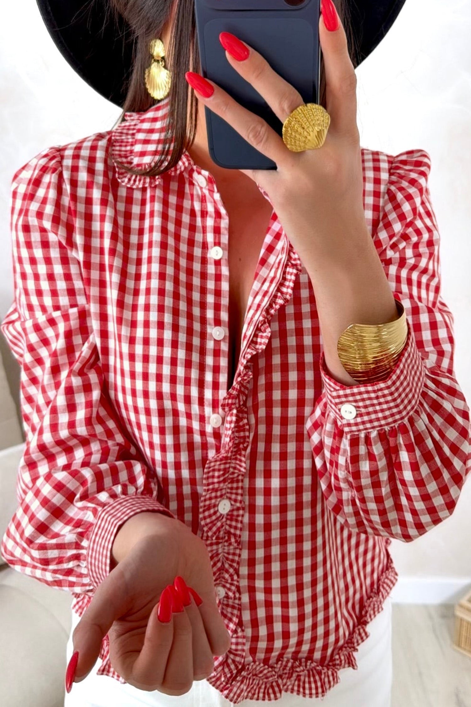 Plaid Long Sleeve Button Down Frill Detail Casual Shirt – Red