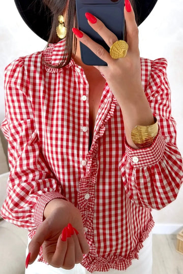 Plaid Long Sleeve Button Down Frill Detail Casual Shirt – Red