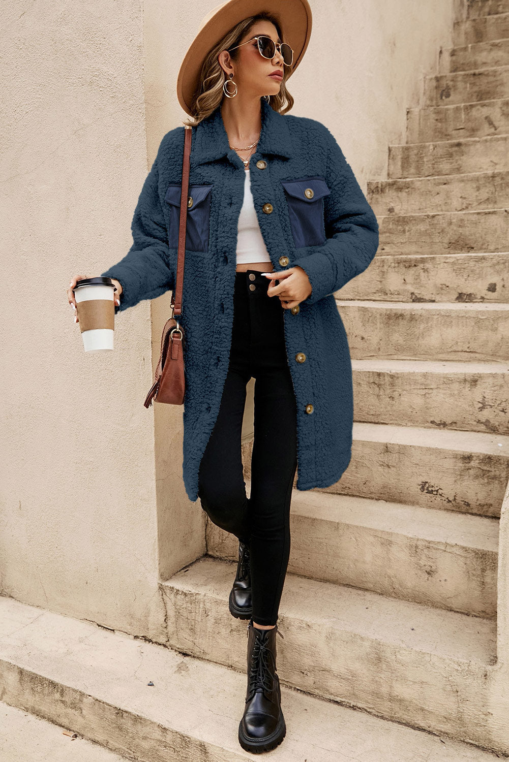 Blue Contrast Flap Pocket Single Breasted Teddy Coat Dear-Lover Dropshipping