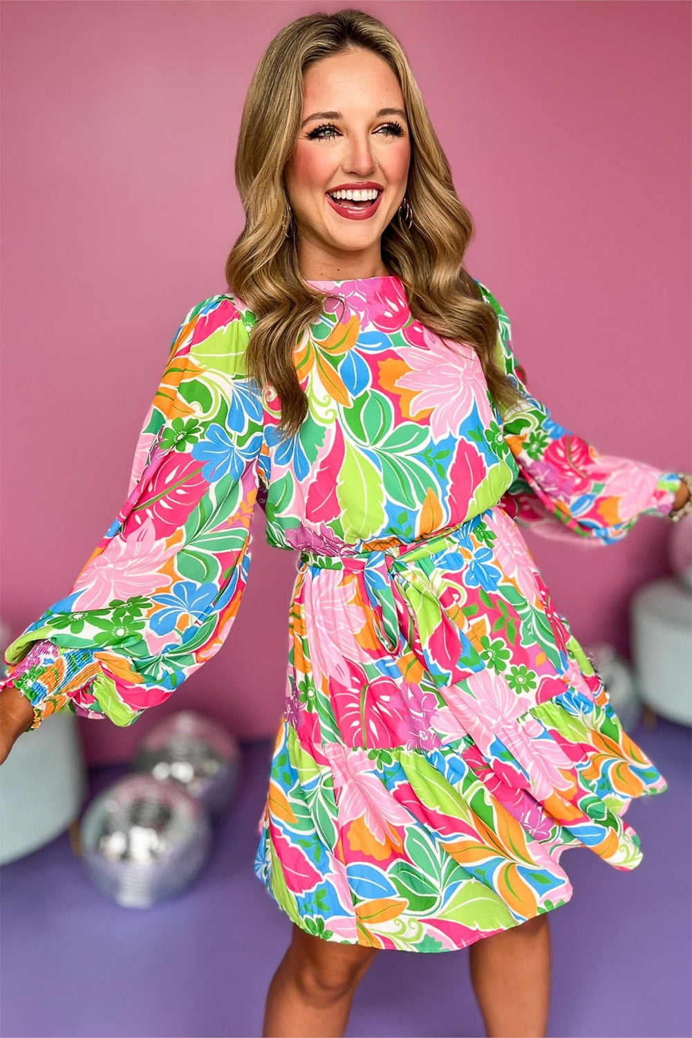 Green MultiColour Botanical Bubble Sleeve Mini Dress eAura