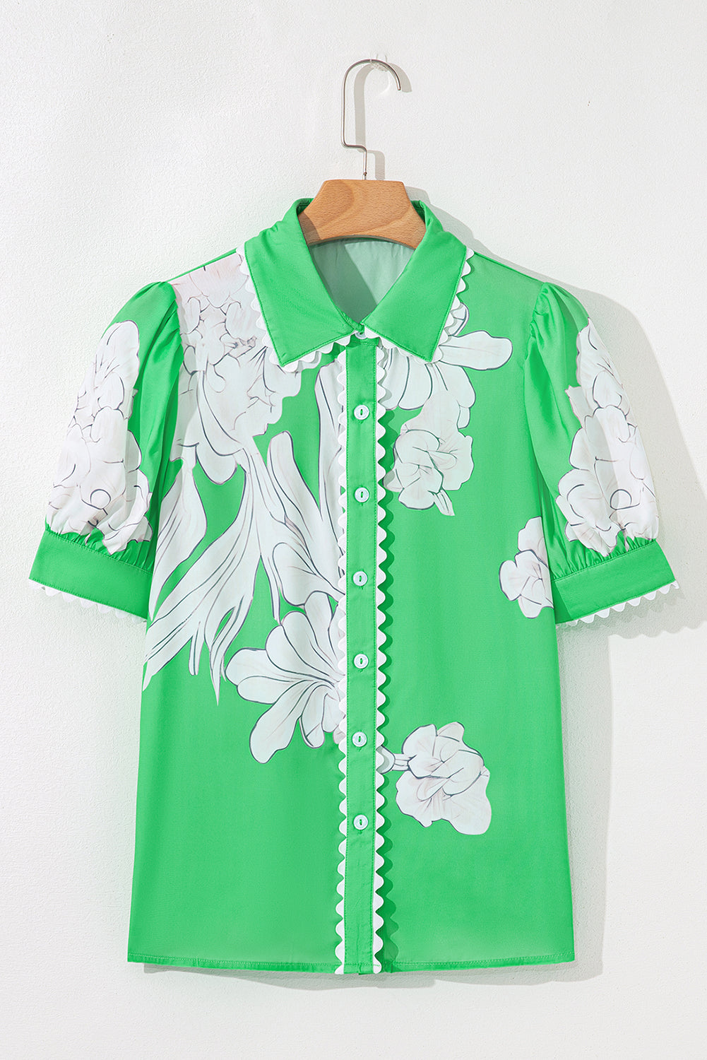Green Floral Ric Rac Edge Puff Short Sleeve Shirt eAura