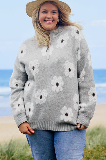 Grey Plus Size Embroidered Floral Pattern Half Zip Sweater Beagle Boutique Fashion Outlet
