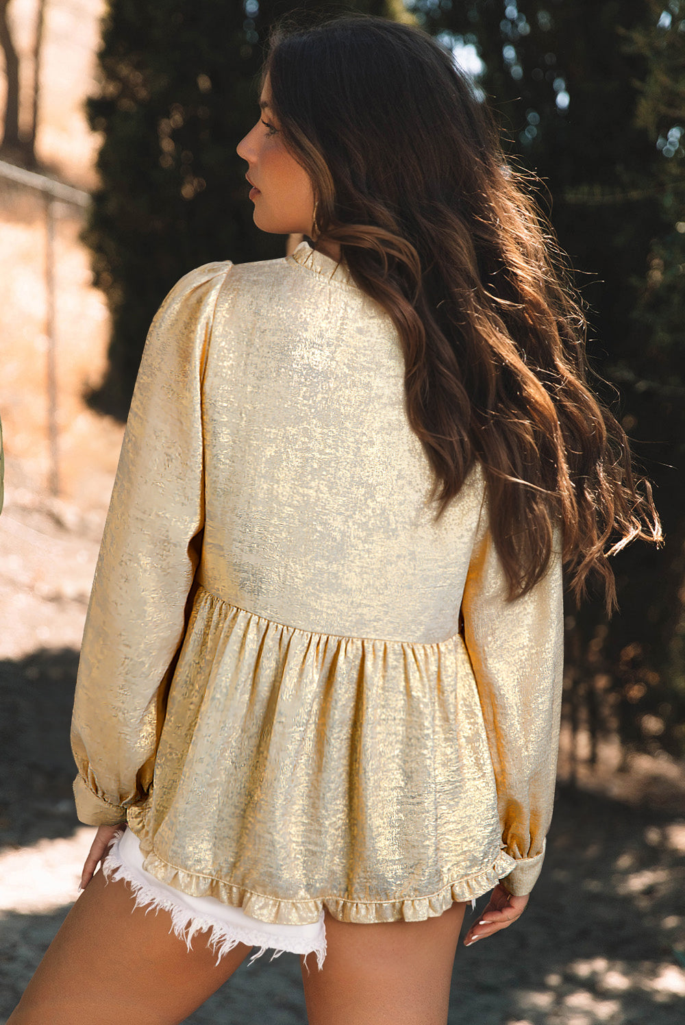 Gold Metallic Frilled V Neck Puff Sleeve Babydoll Blouse Beagle Boutique Fashion Outlet