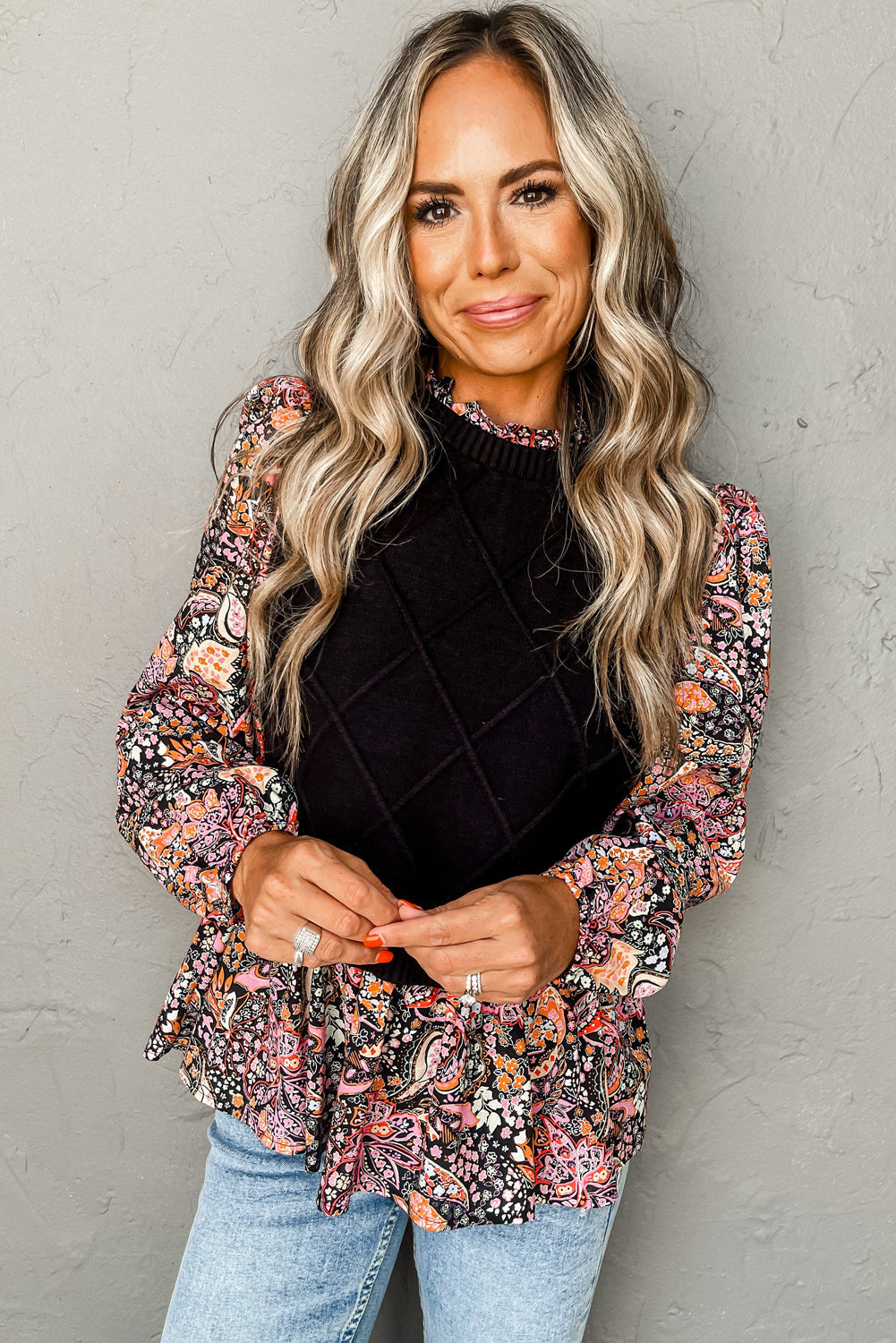 Black Contrast Floral Sleeve Peplum Sweater eAura