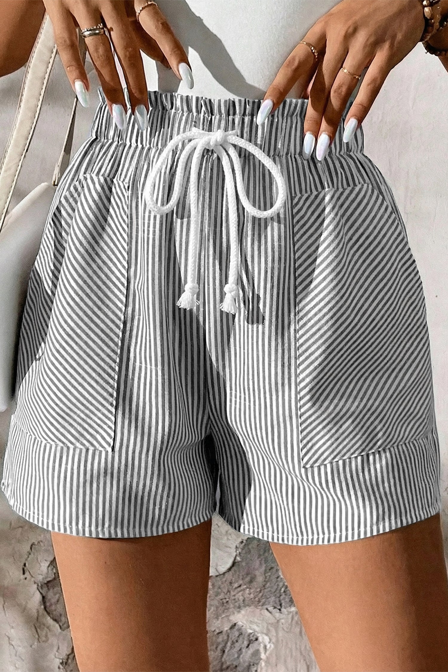 Grey Stripe Lace-Up Shorts with Pockets