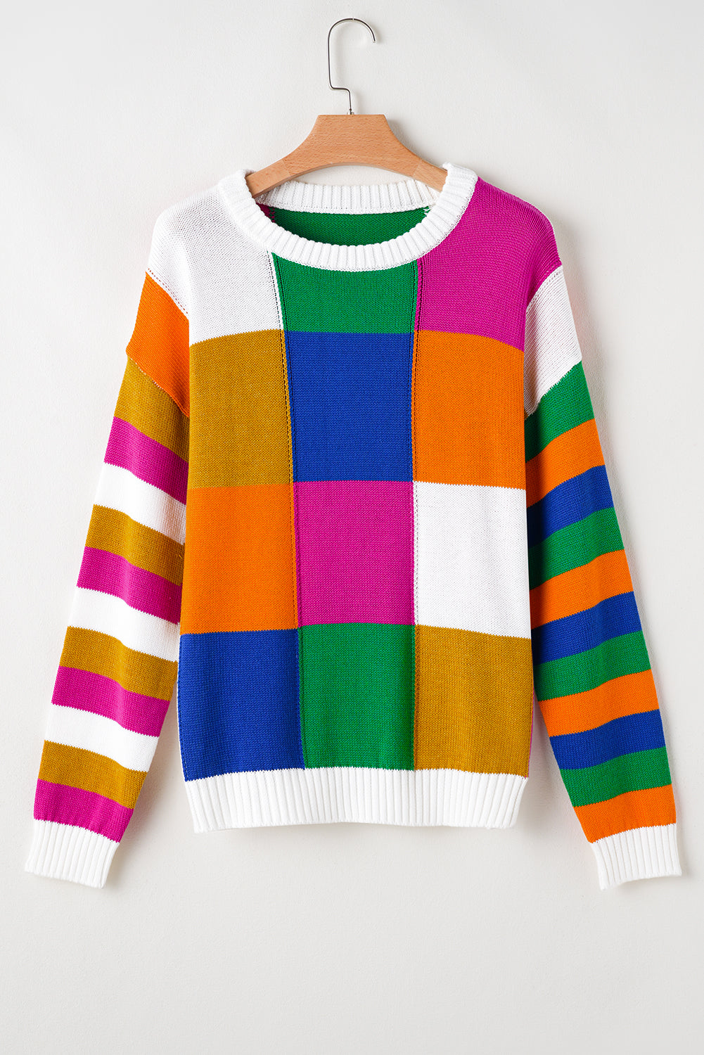 Orange Checkered Colour Block Round Neck Loose Sweater eAura