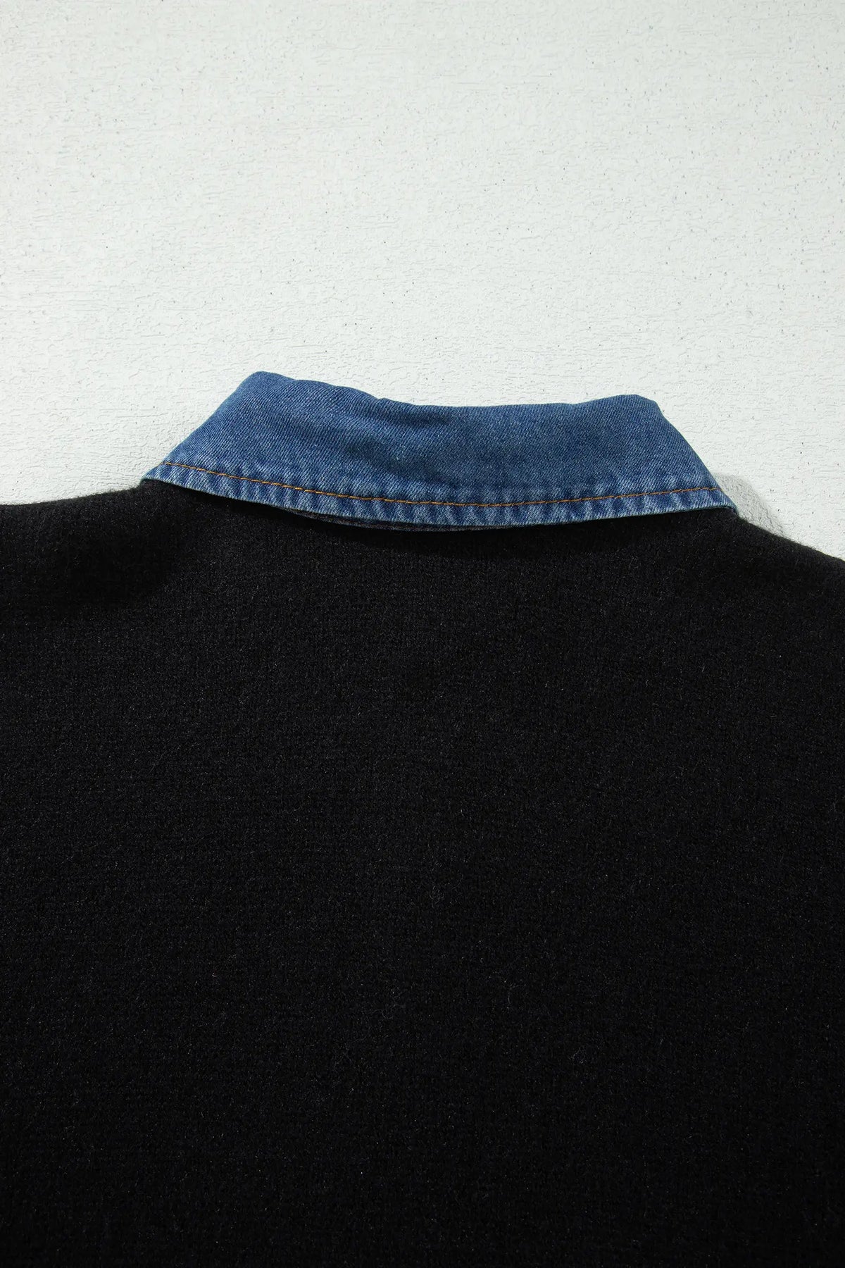 Denim Patchwork Collar Cuffed Casual Sweater – Black