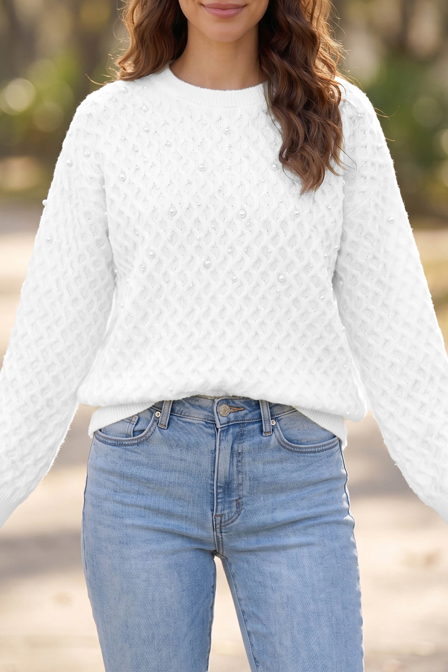 Solid Textured Knit Pearl Embellished Pullover Sweater – White