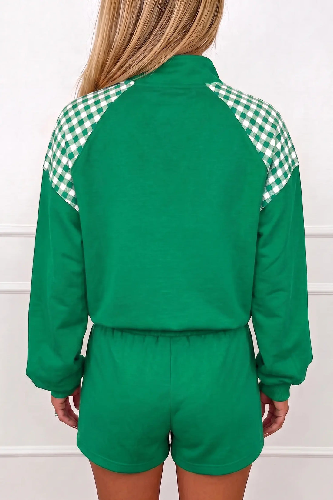 Plaid Patchwork Half Zip Pullover Drawstring Short Set