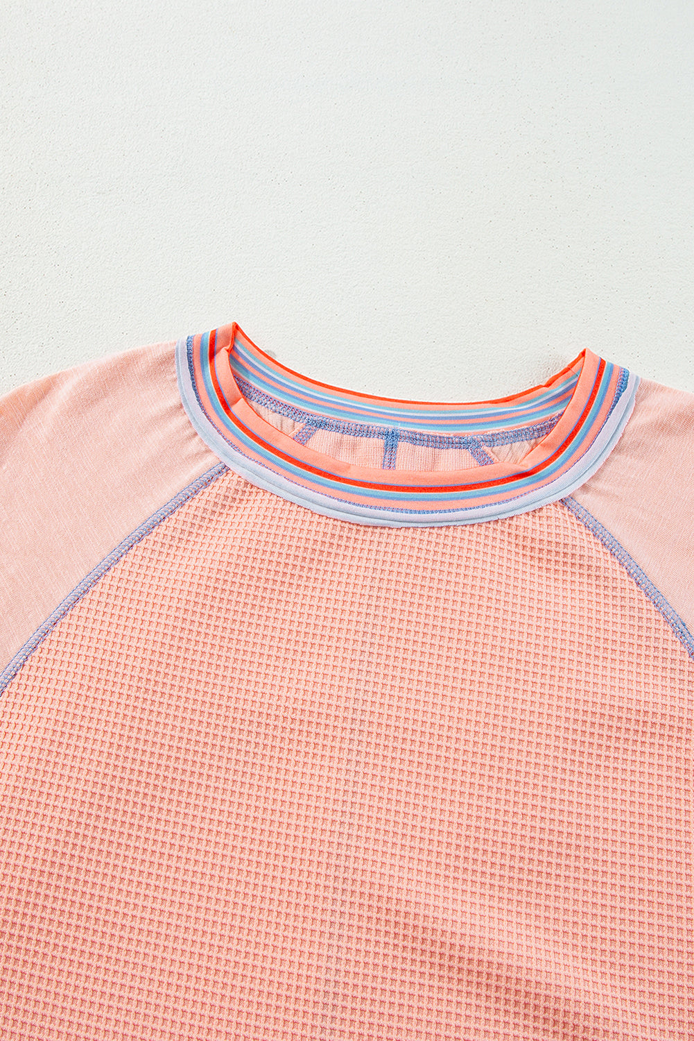Grapefruit Orange Waffle Knit Wide Bracelet Sleeve Patchwork Raglan Top BB Fashion Outlet
