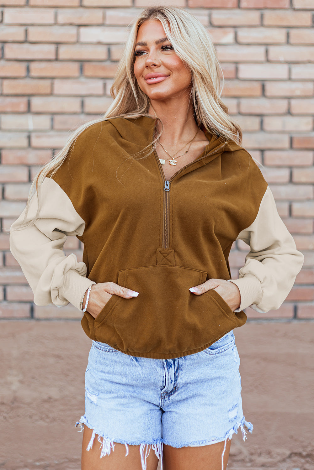 Chestnut Colour Block Half Zip Kangaroo Pocketed Hoodie eAura