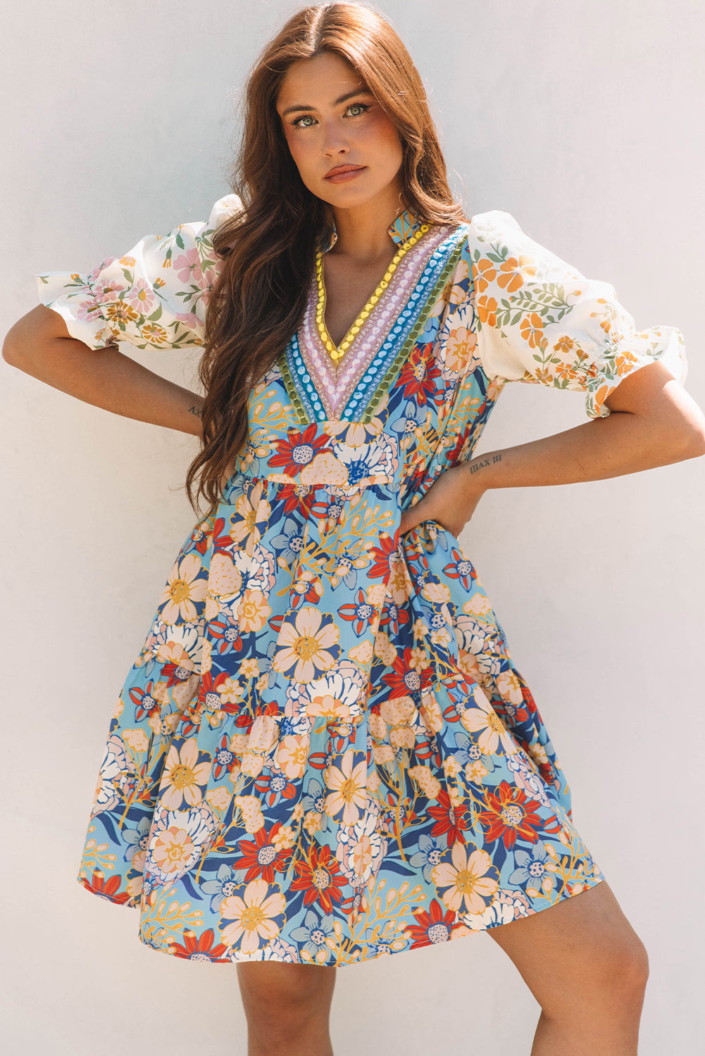 Multicolour Boho Floral Print Crochet Patchwork V Neck Loose Mini Dress eAura