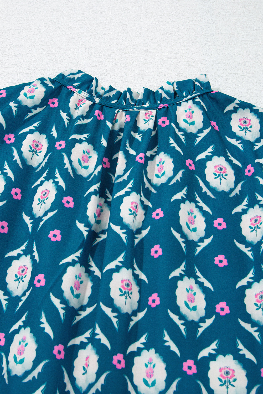 Blue Retro Floral Print Split Neck Ruffle Short Sleeve Dress eAura