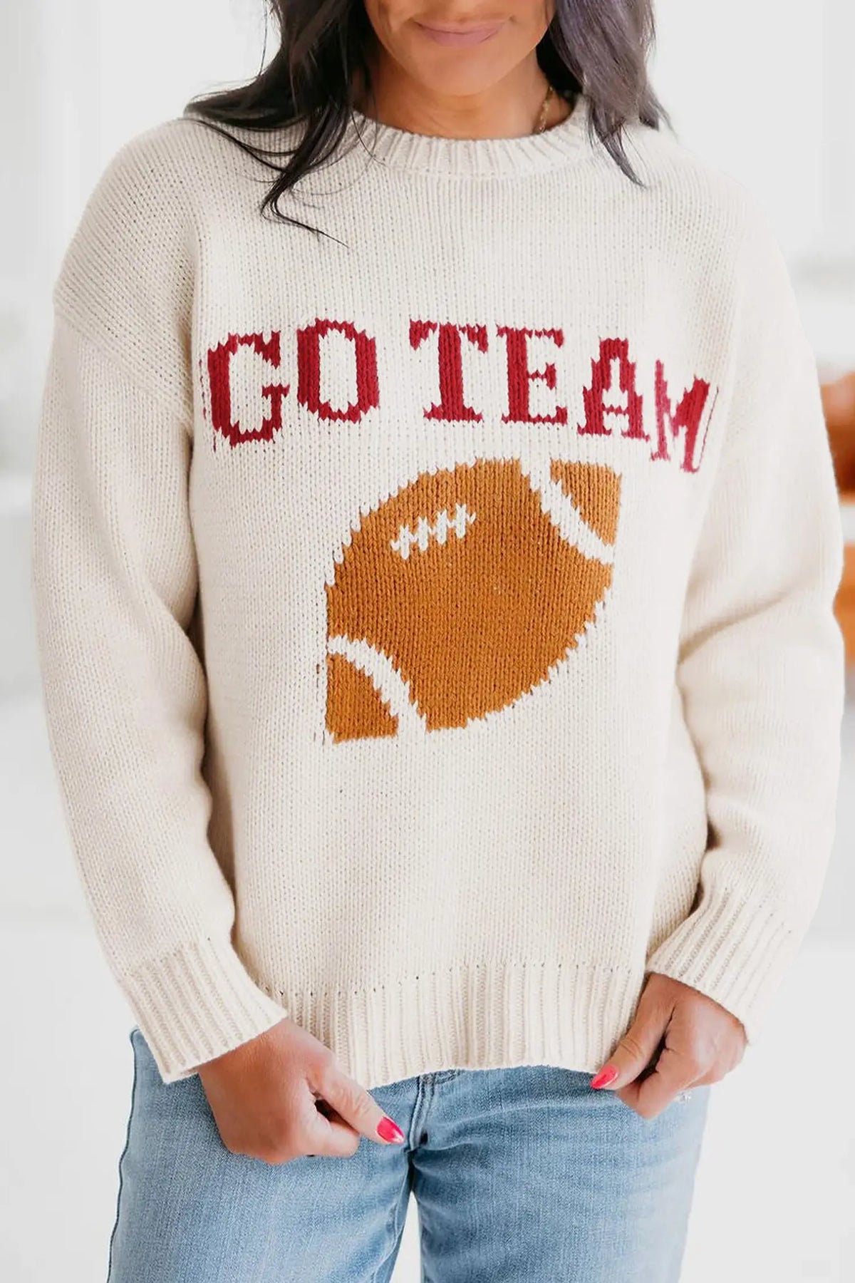 Go Team Football Drop Shoulder Knit Top Sweater – Beige