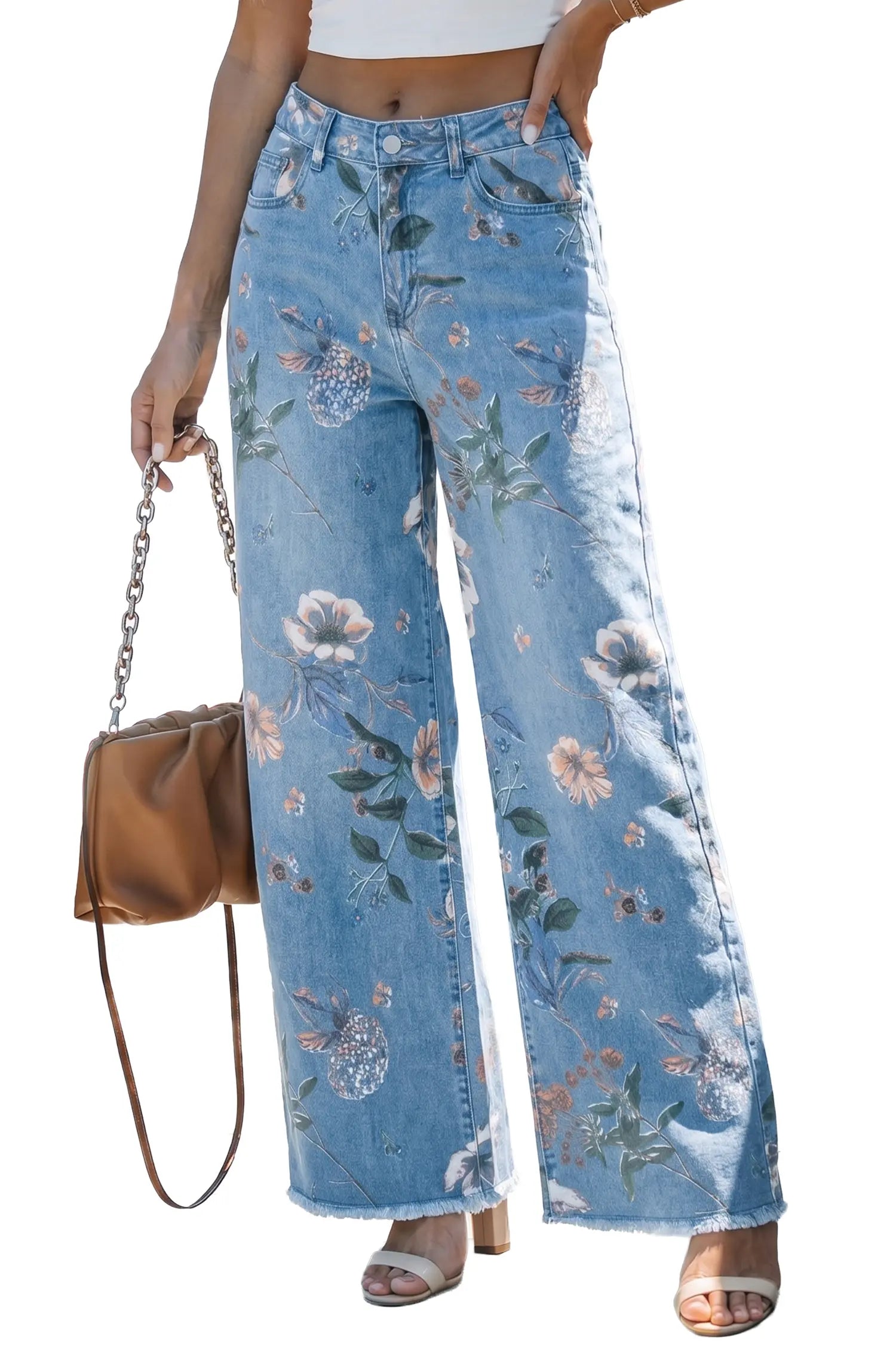 Sky Blue Retro Floral Print Frayed Hem Shift Jeans