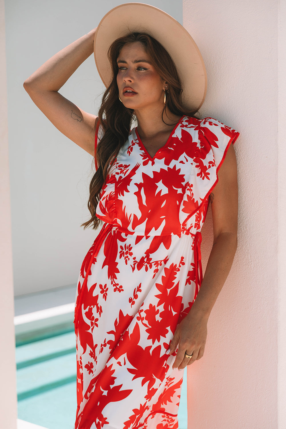 Red Floral Print Trimmed V-Neck Ruffle Sleeve Long Dress eAura