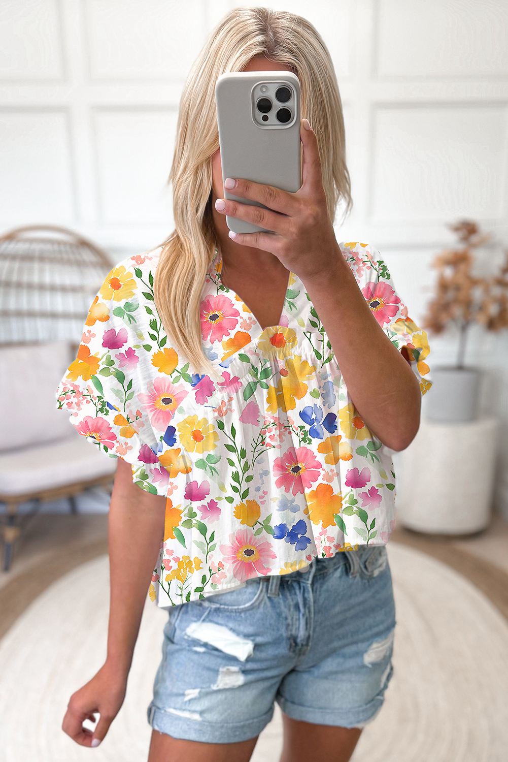Yellow Floral Boxy Fit Ruffled Short Sleeve V Neck Blouse eAura