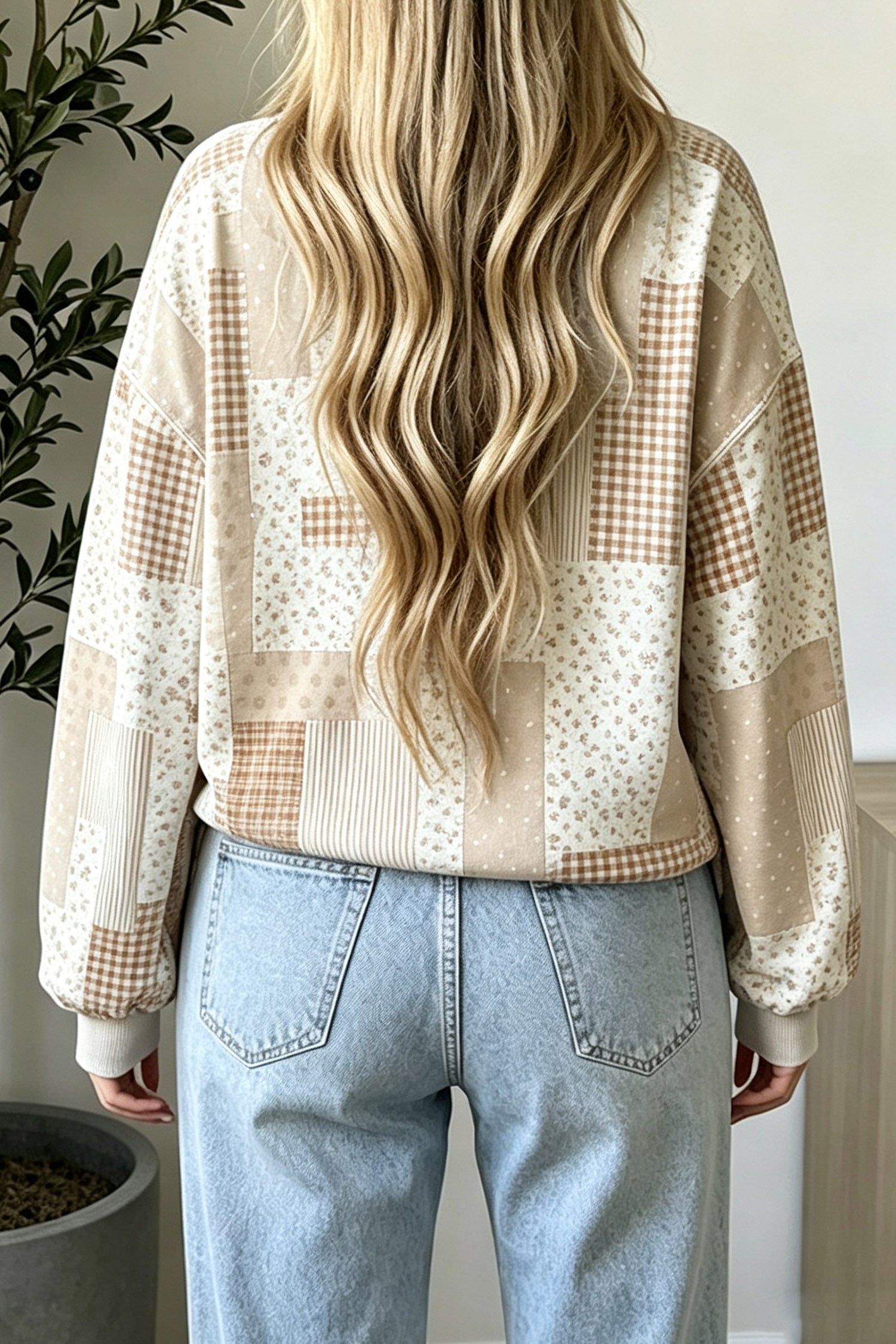 Patchwork Floral Print Mock Neck Long Sleeve Sweatshirt – Sky Blue