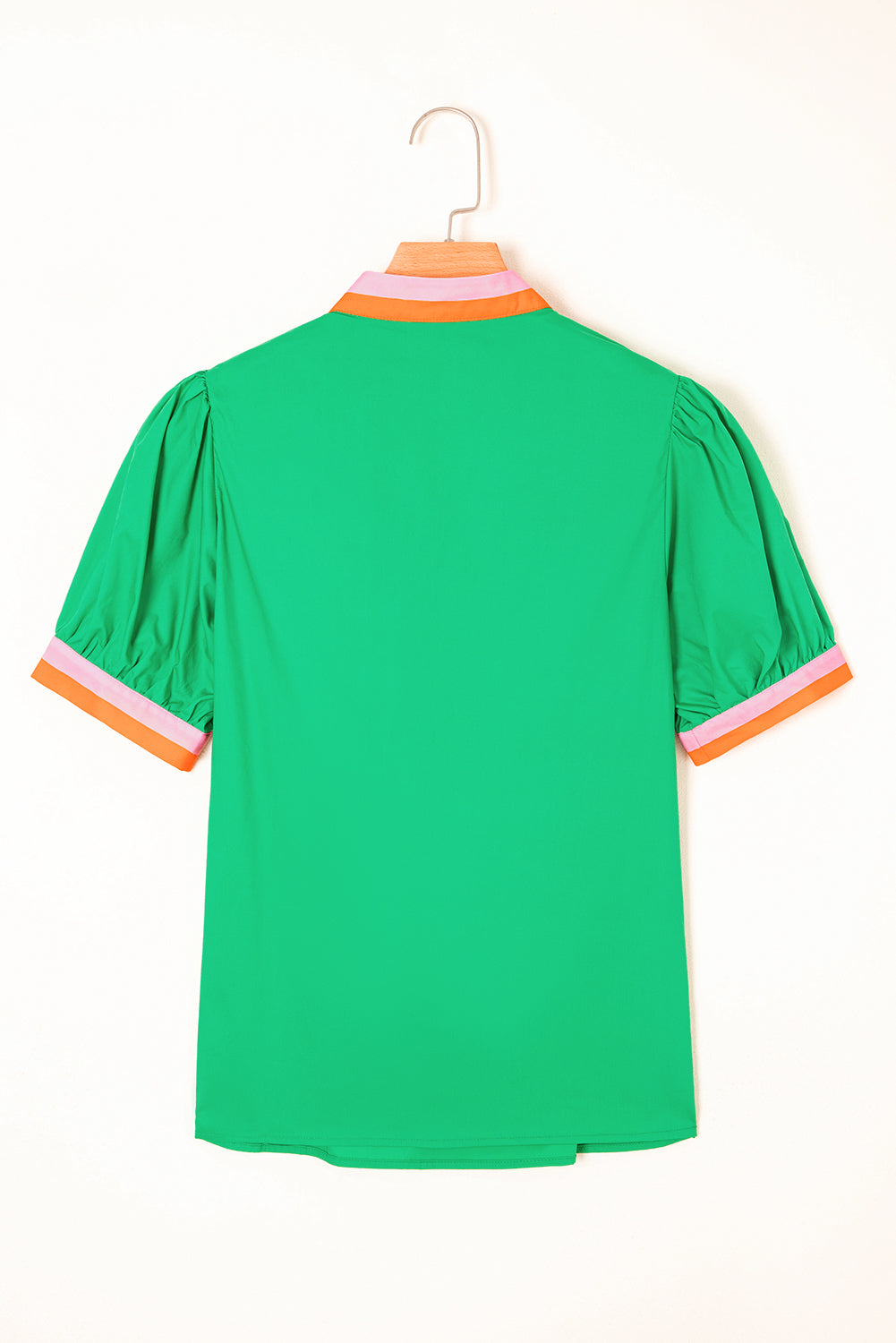 Contrast Striped V Neck Collision Short Puff Sleeve Blouse eAura