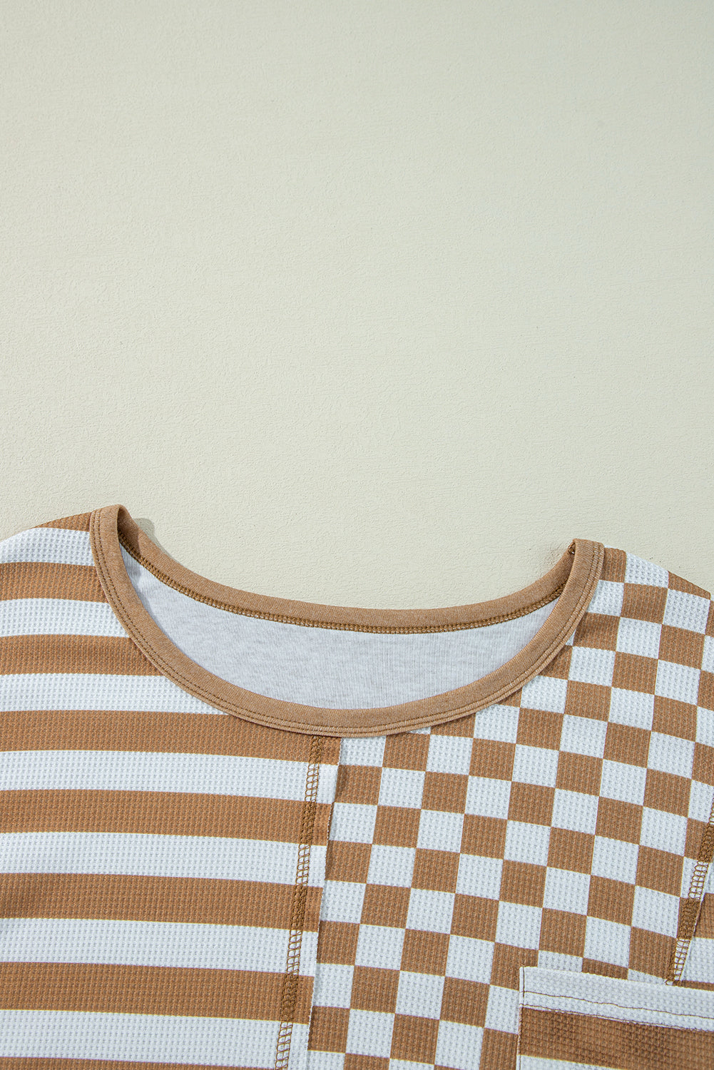 Khaki Striped Checkered Mixed Print Chest Pocket Casual Plus Size Top BB Fashion Outlet