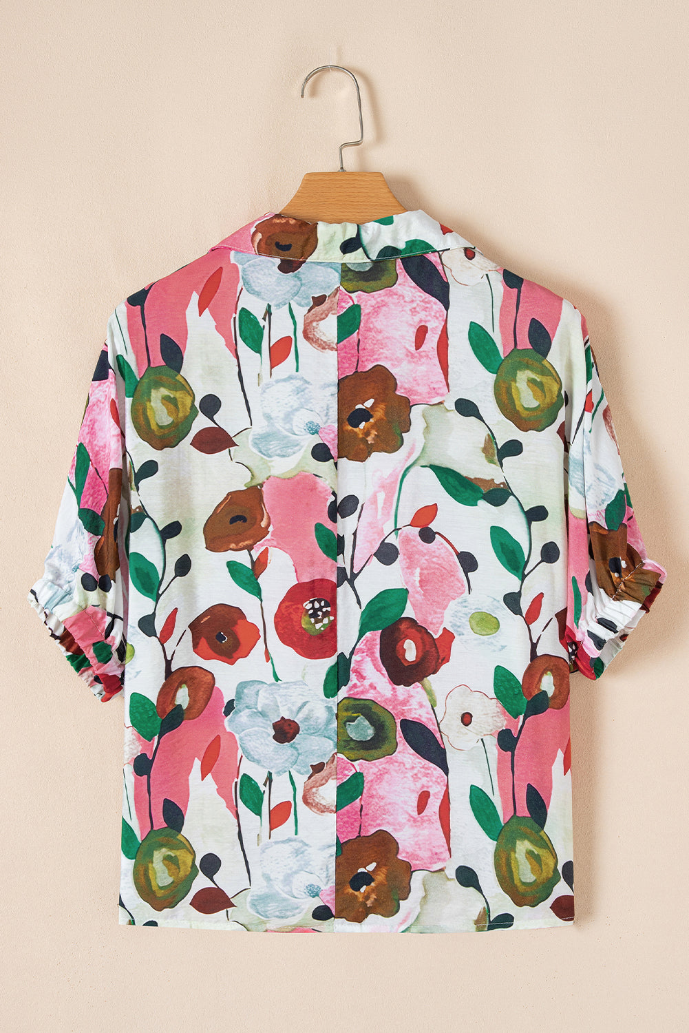 Pink Floral Print Slit V Neck Short Sleeve Blouse eAura