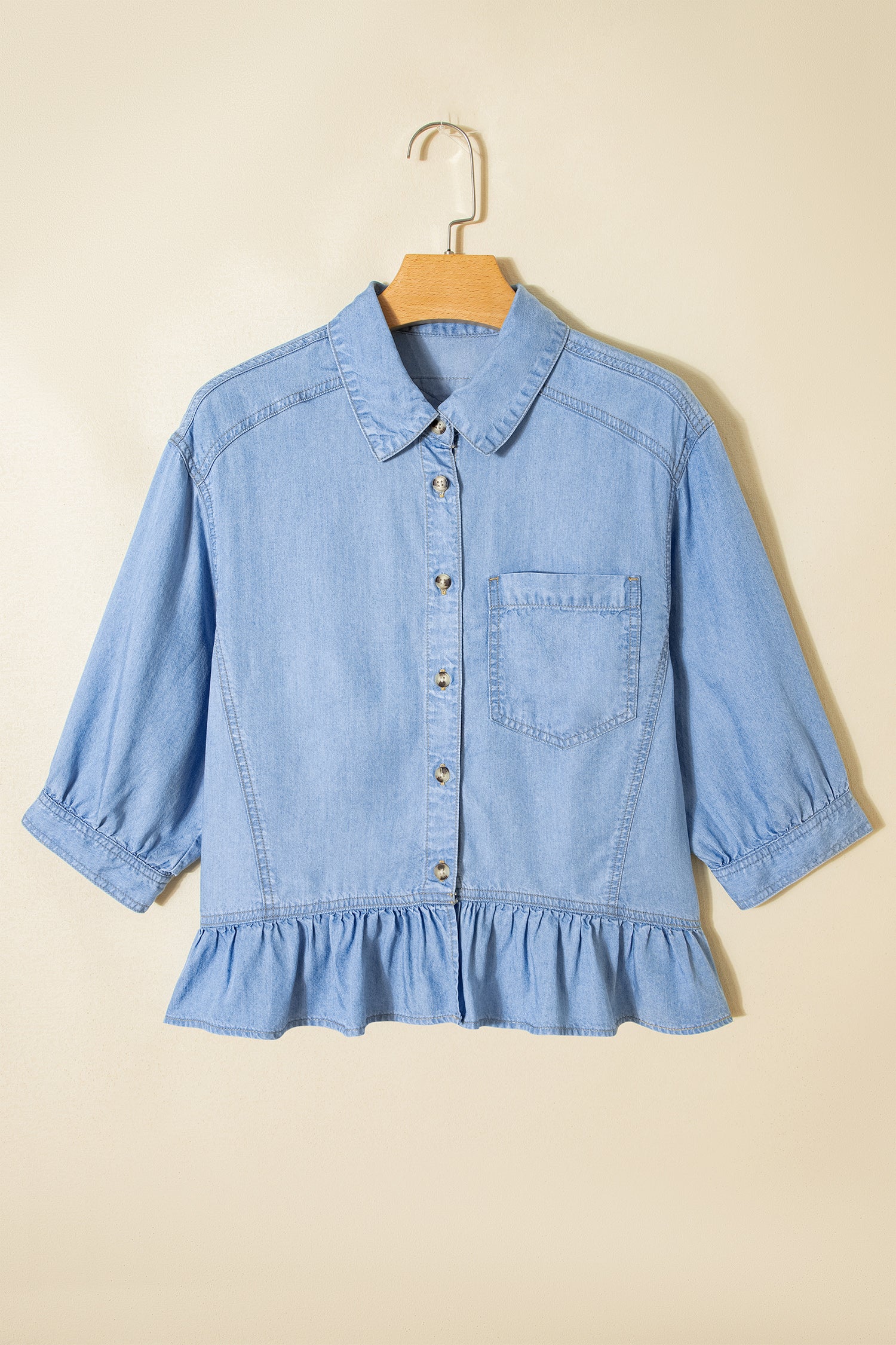 Half Sleeve Button-Down Ruffle Hem High-Low Chambray Shirt – Blue