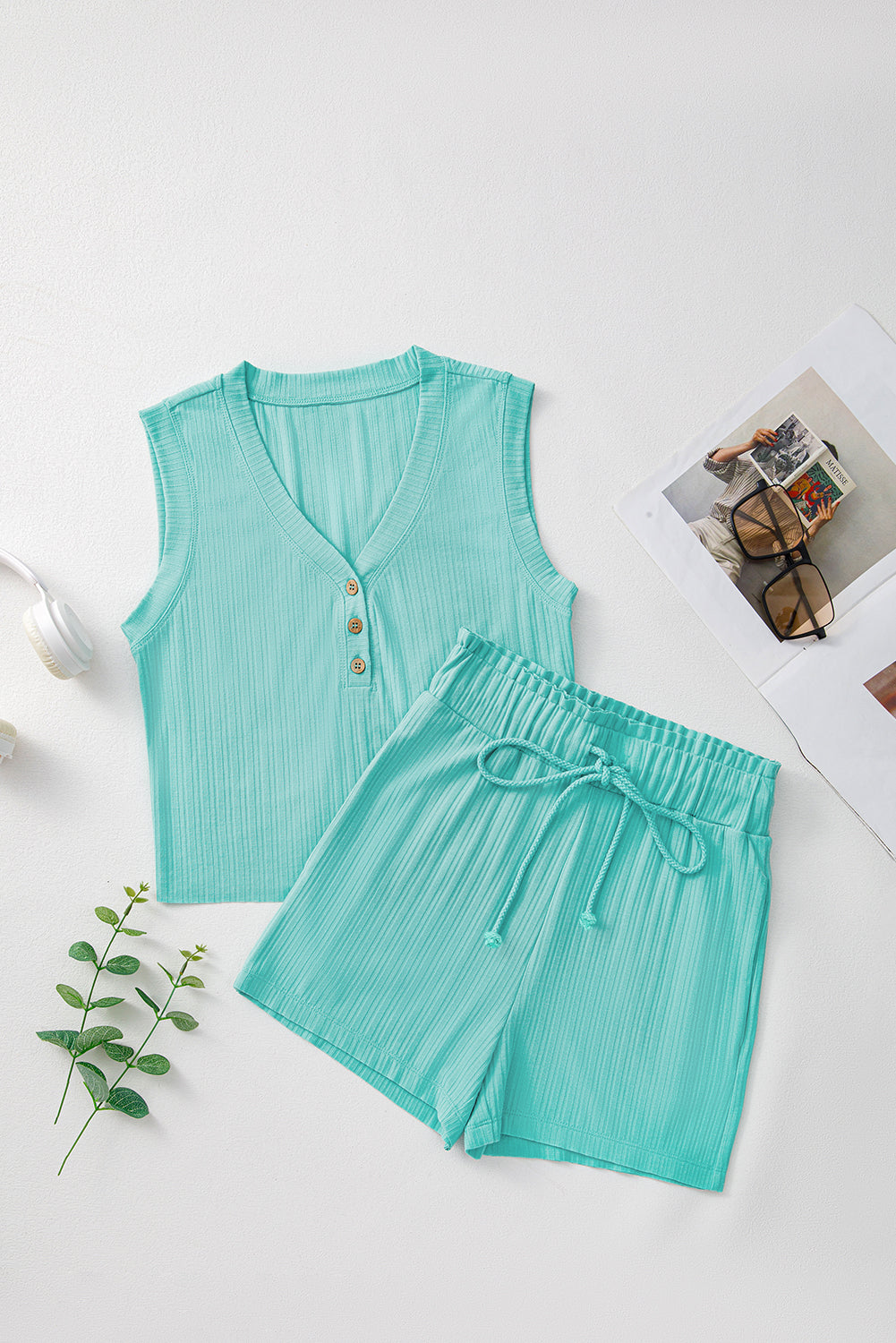 Mint Green Ribbed Button V Neck Tank Top and Shorts Set eAura