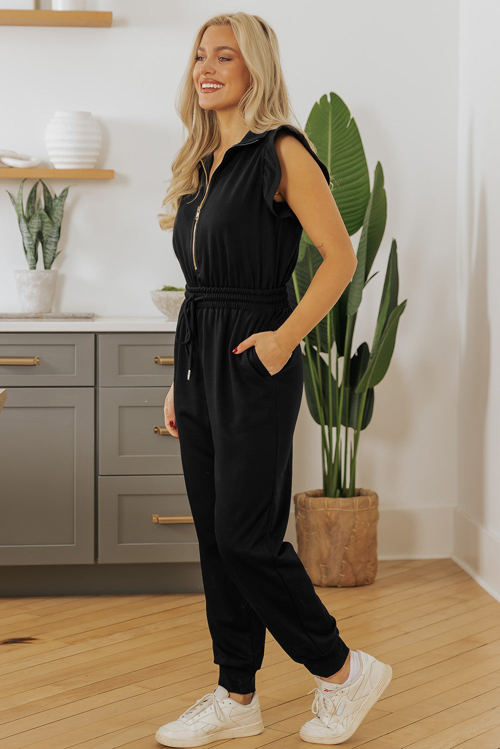 Black Zipper Flutter Sleeve Drawstring High Waist Jumpsuit eAura