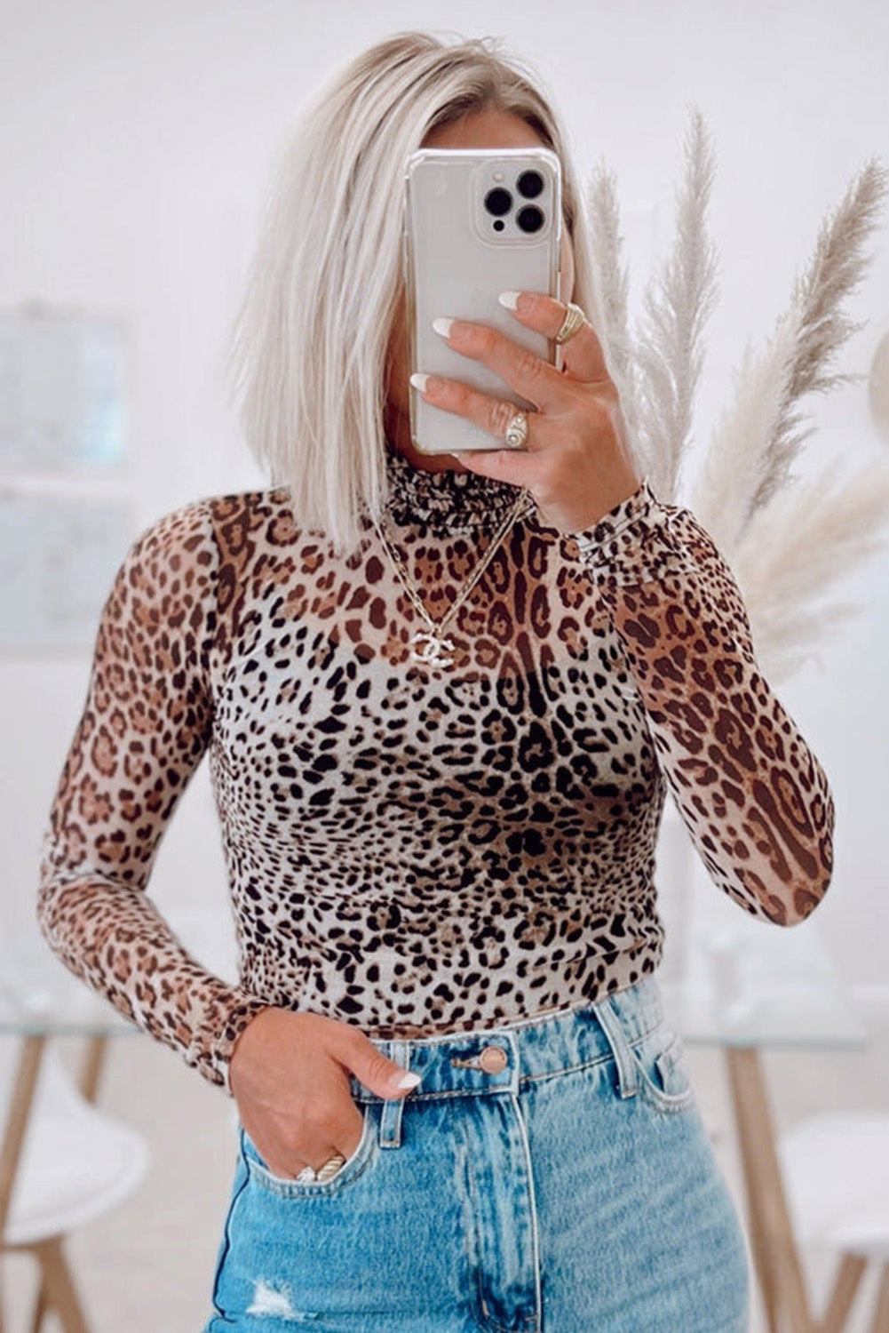 Brown Leopard Smocked Neck Mesh Long Sleeve Bodysuit - S - Tops/Bodysuits