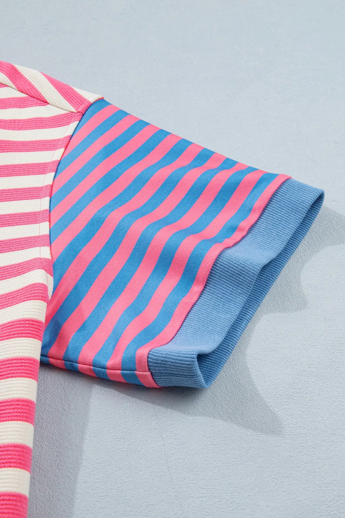 Contrast Patchwork Short Sleeve Loose Tee – Pink Stripe