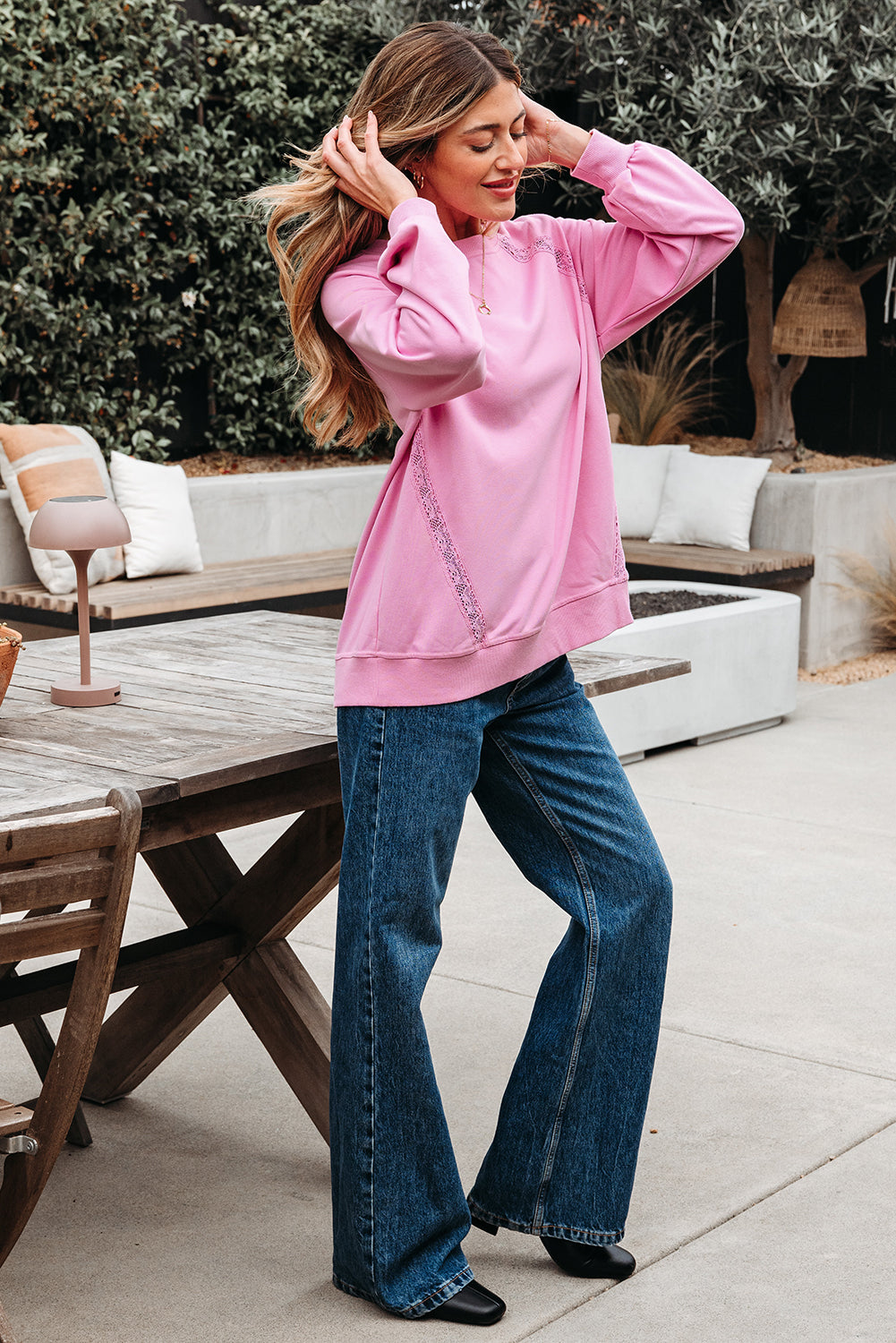 Pink Lace Patched Raglan Sleeve Loose Fit Sweatshirt