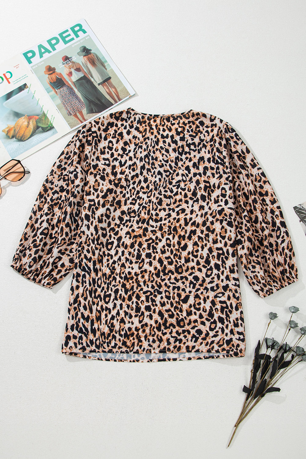 Apricot Leopard V Neck Half Sleeve Blouse eAura