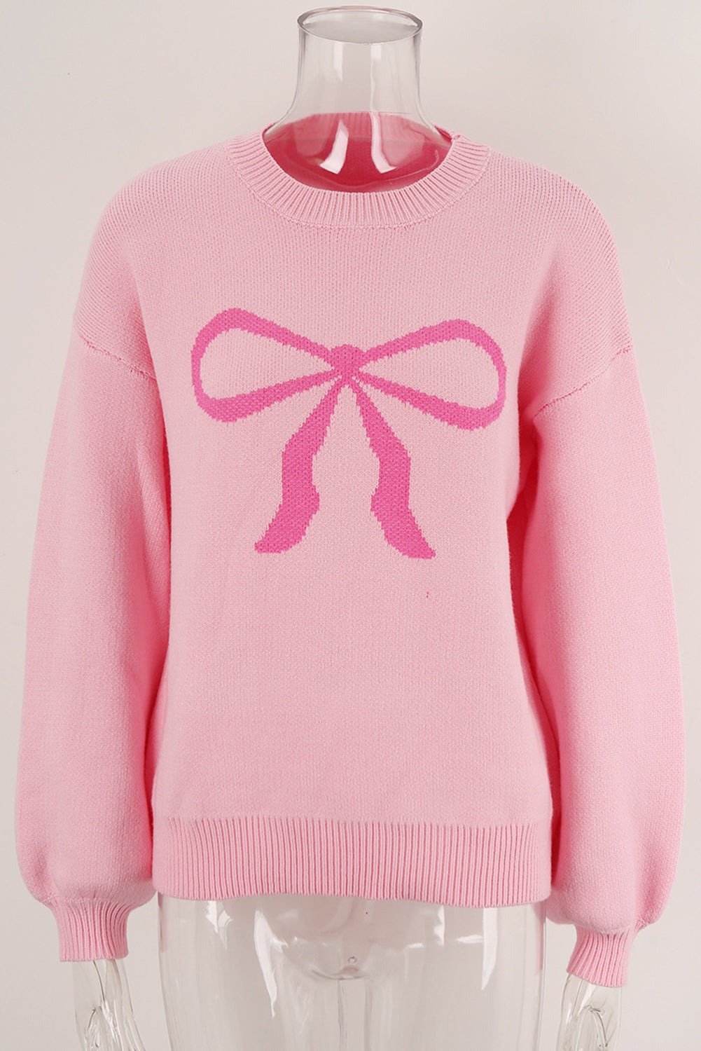 Pink Bow Graphic Drop Shoulder Round Neck Sweater eAura