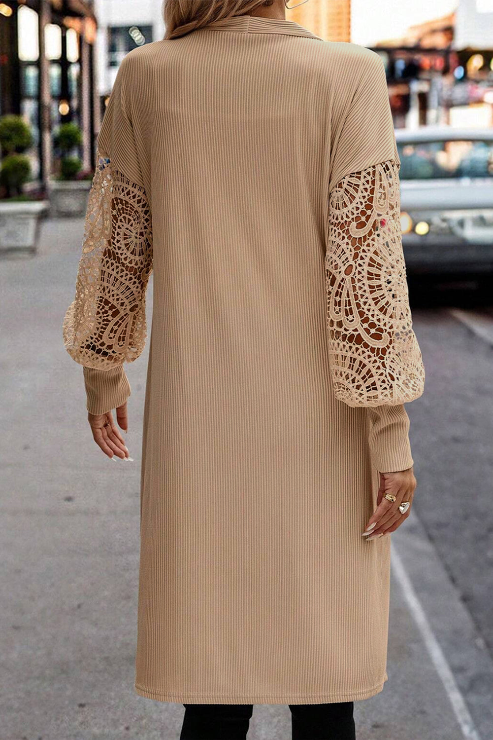 Parchment Lace Patchwork Ribbed Knit Open Front Duster Cardigan BB Fashion Outlet