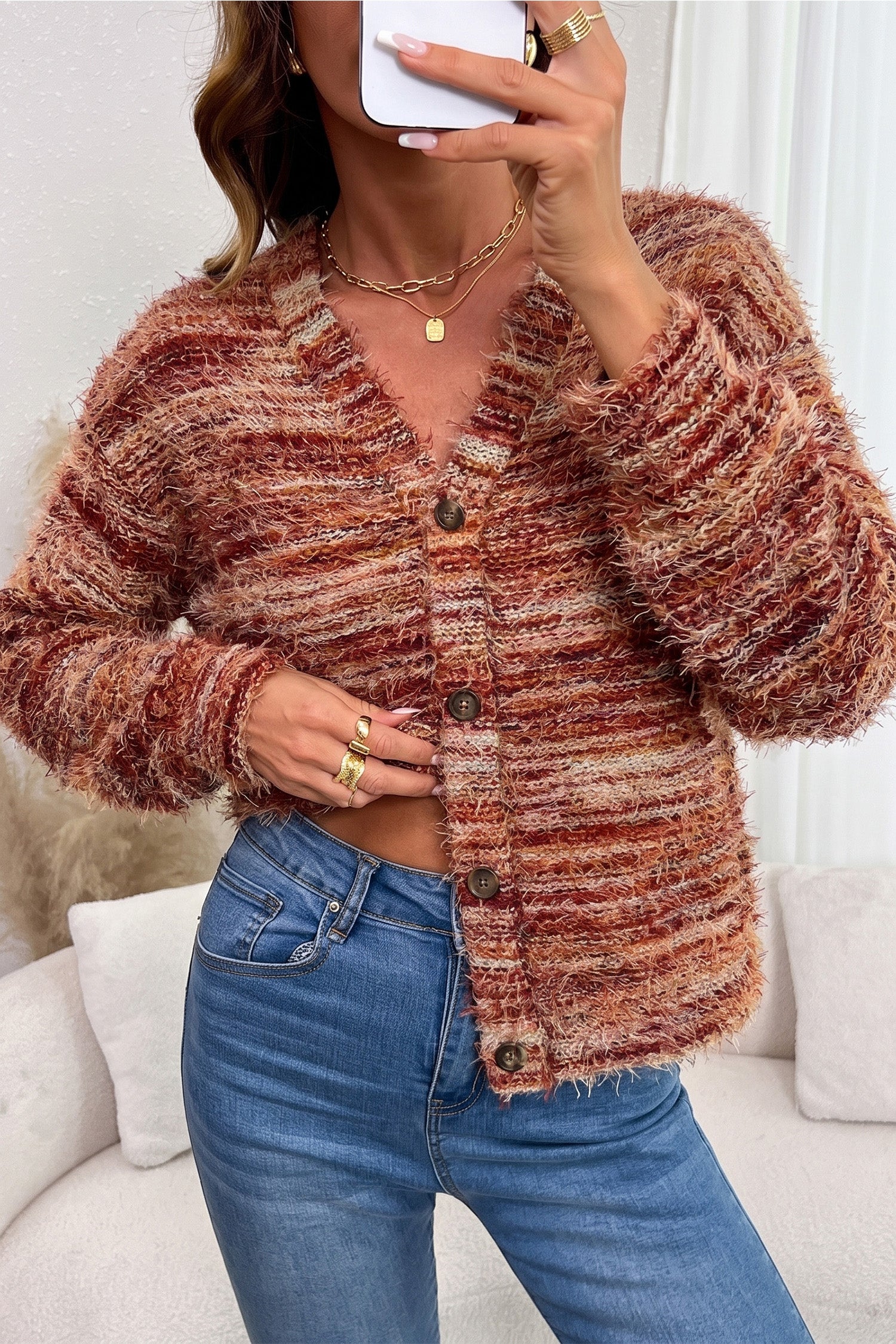 Fuzzy Striped Button Front Cardigan Sweater – Tawny