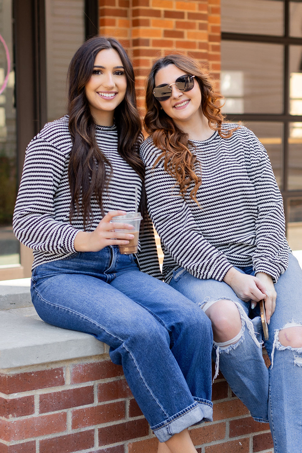 Rose Stripe Round Neck Drop Shoulder Long Sleeve Top Beagle Boutique Fashion Outlet