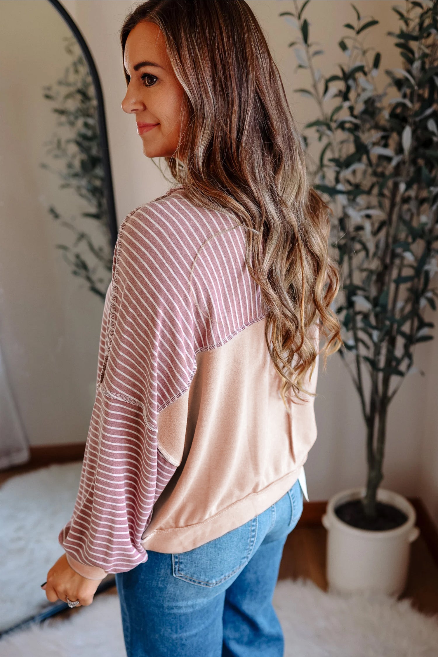 Stripe Exposed Stitching Long Sleeve Top - Tops/Long Tops